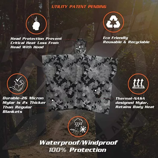 Outdoor Emergency Survival Poncho Camo Reusable Thermal Blanket Lightweight Weather Resistant Raincoat with Hood - Image 3