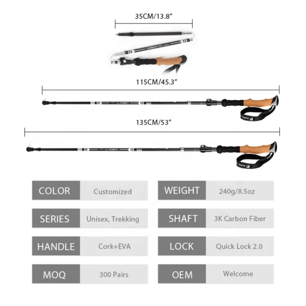 Folding Collapsible Carbon Travel Hiking Trekking Stick - Image 3