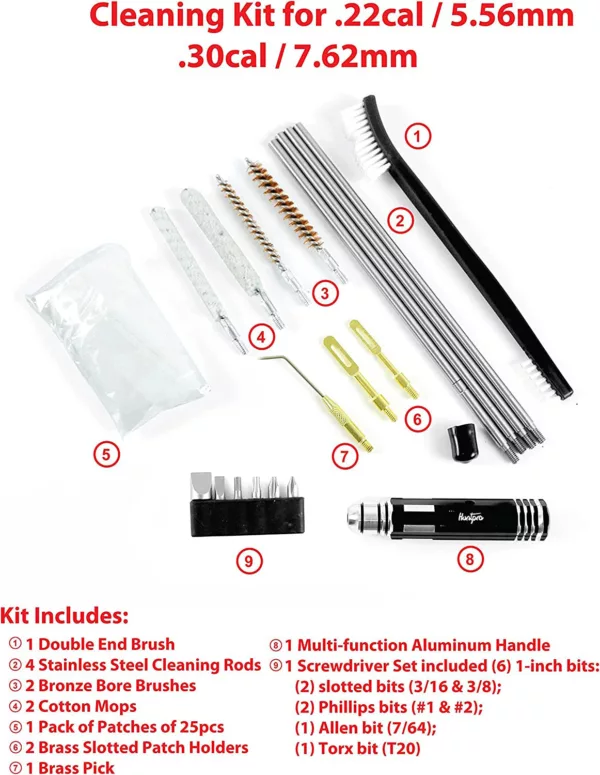 Professional Universal Cleaning Kit .22cal/5.56mm .30cal/7.62mm Brushes Set Cleaning Tool with Screwdriver Set of 6 Bits - Image 2