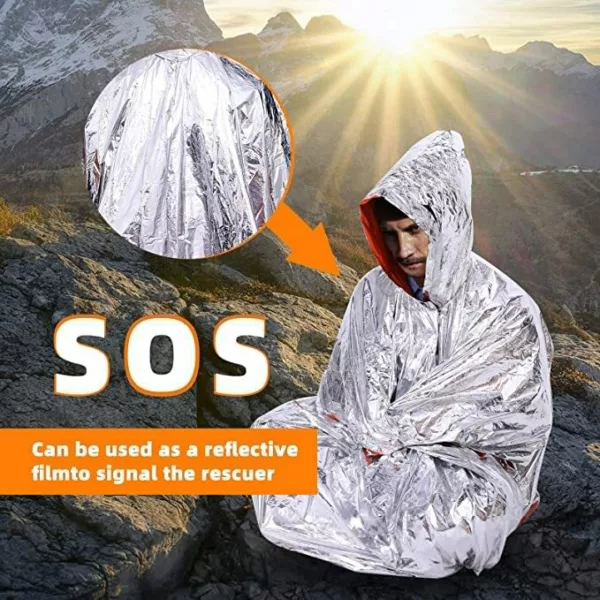 Outdoor Emergency Survival Poncho Orange Reusable Thermal Blanket Lightweight Weather Resistant Raincoat with Hood - Image 4