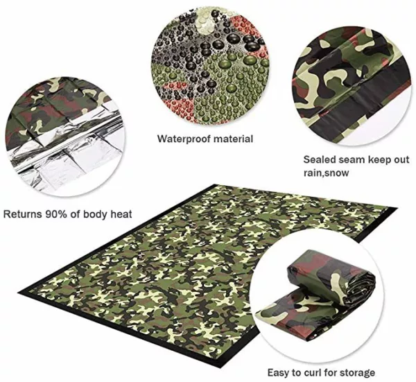 Emergency Sleeping Bag Camo with Nylon Stuff Sack Survival thermal Blanket Body Warmer for Outdoor, First Aid, Camping Gear - Image 3