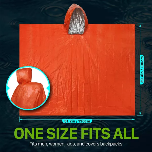 Outdoor Emergency Survival Poncho Orange Reusable Thermal Blanket Lightweight Weather Resistant Raincoat with Hood - Image 3