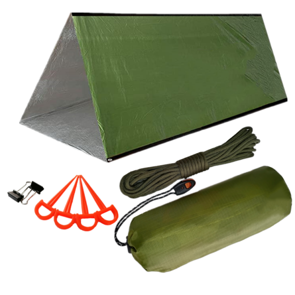 Deluxe Survival Tent Green Colour Life Tent Emergency Bag Bundle  Survival Shelter with Cord, Stakes, Whistle Sleeping Bag