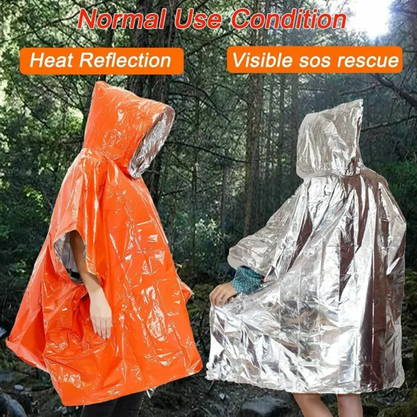 Outdoor Emergency Survival Poncho Orange Reusable Thermal Blanket Lightweight Weather Resistant Raincoat with Hood - Image 5