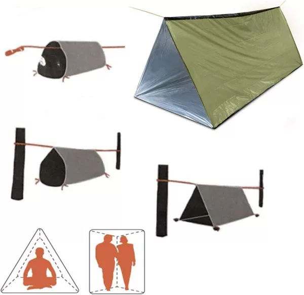 Deluxe Survival Tent Green Colour Life Tent Emergency Bag Bundle  Survival Shelter with Cord, Stakes, Whistle Sleeping Bag - Image 2