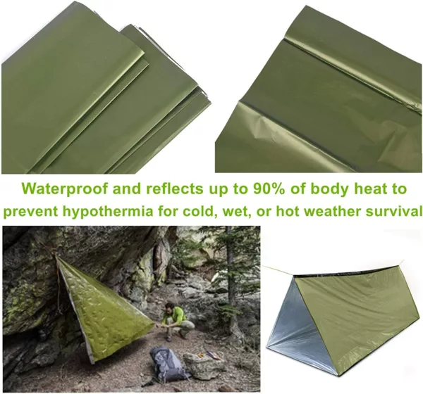 Deluxe Survival Tent Green Colour Life Tent Emergency Bag Bundle  Survival Shelter with Cord, Stakes, Whistle Sleeping Bag - Image 3