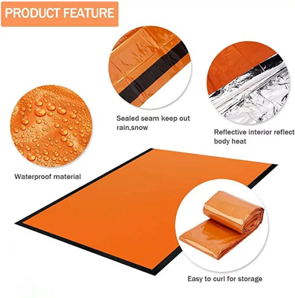 Orange Emergency Sleeping Bag with Nylon Stuff Sack Survival thermal Blanket Body Warmer for Outdoor, First Aid, Camping Gear - Image 2