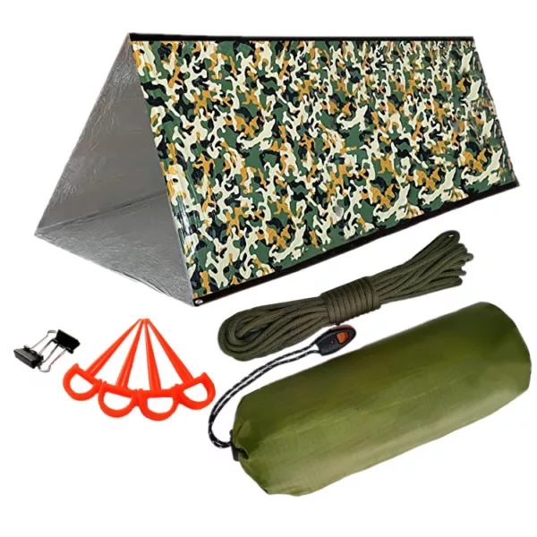 Deluxe Survival Tent Camo  Life Tent Emergency Bag Bundle  Survival Shelter with Cord, Stakes, Whistle Sleeping Bag