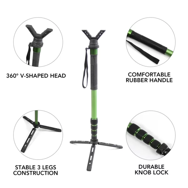 Aluminum Shooting Hunting Monopod Adjustable Green Shooting Stick Professional Gun Rest with V Yoke Holder for Hunting Outdoors - Image 4