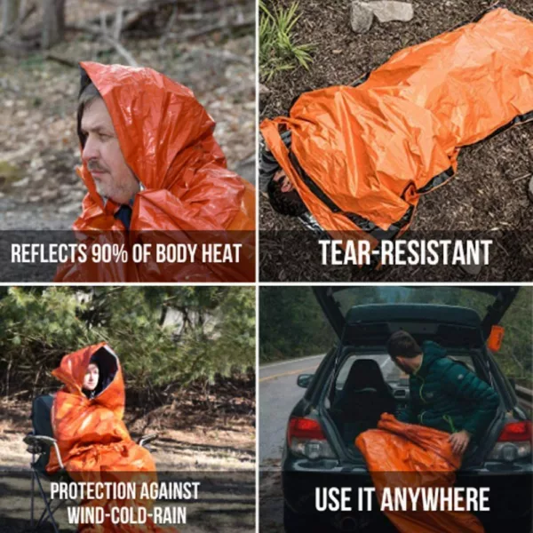 Orange Emergency Sleeping Bag with Nylon Stuff Sack Survival thermal Blanket Body Warmer for Outdoor, First Aid, Camping Gear - Image 5