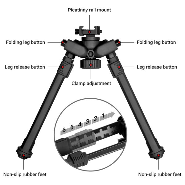 Tactical Bipod 6-9 Inches Picatinny Bipod for Rifles with 6 Adjustable Heights - Image 3