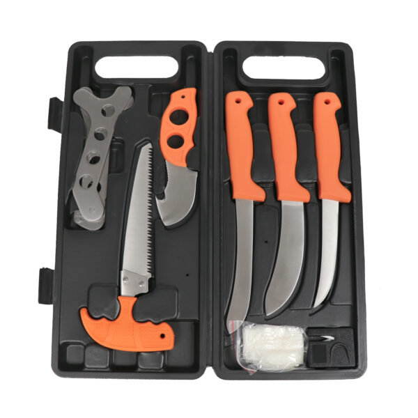 8pcs Portable Butcher Game Processor Set with Gut Hook, Ribcage Spreader, Boning, Saw, Sharpener, Gloves